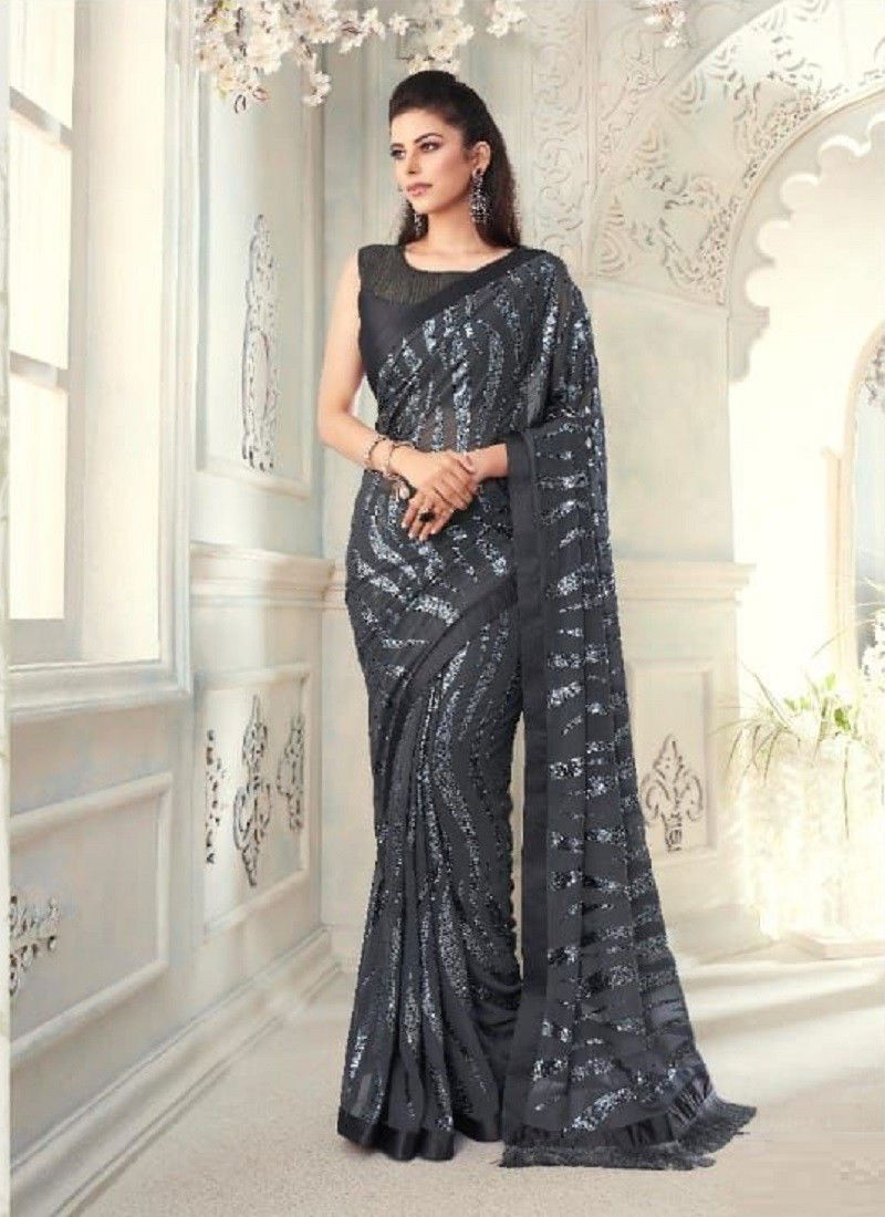 Gray Colour Hit Design TFH New Latest Party Wear Soft Georgette Saree Collection 6411